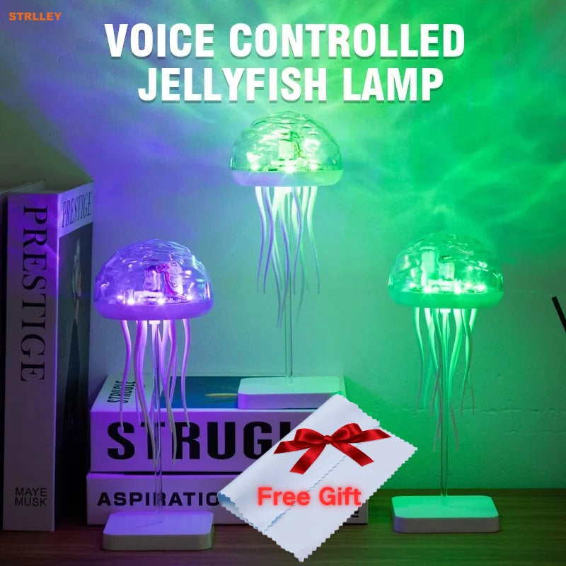 Jellyfish Cartoon LED Nihgt Light Voice Control Gradient Cute Rotating Jellyfish Hanging Bedside Lamp RGB Table Lamps Room Decor