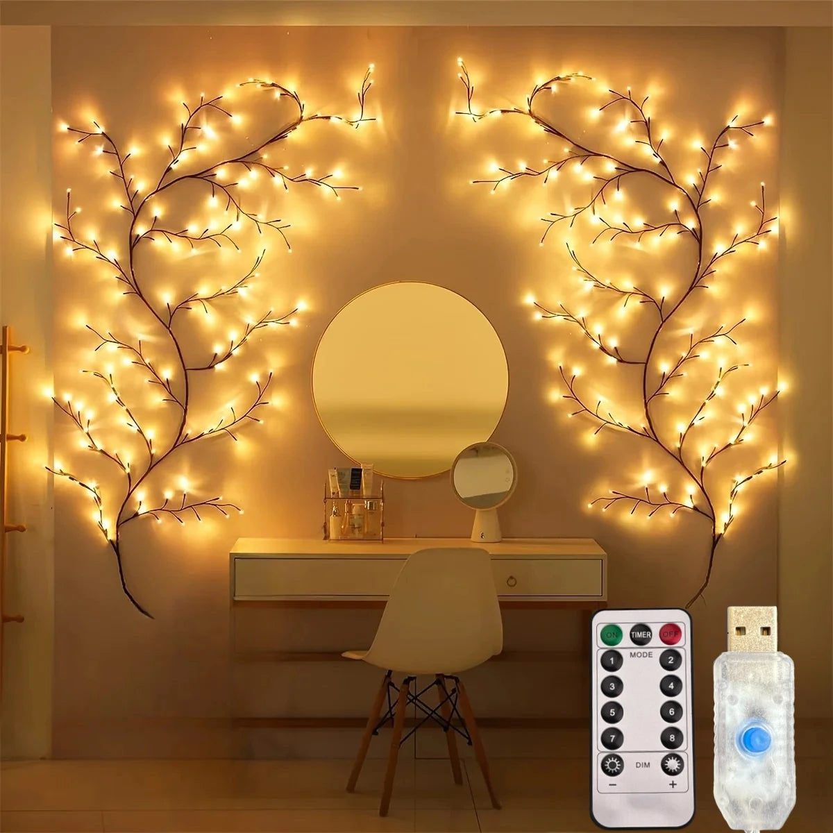 USB Willow Vine Branch Lights – Warm White, 72–144 LEDs