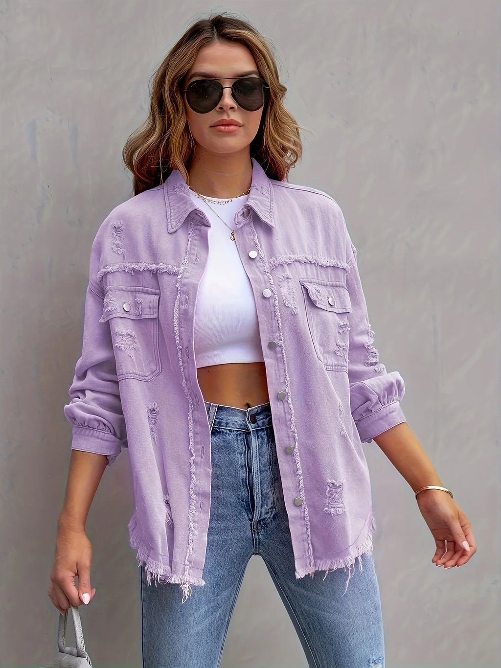 Women’s Distressed Button-Front Denim Jacket