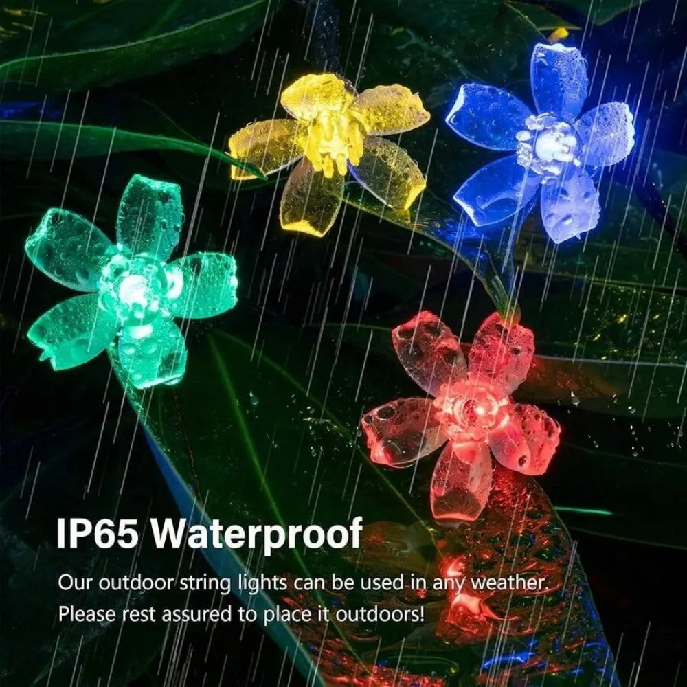Solar Cherry Blossom Outdoor String Lights, Floral LED Fairy Lights for Yard Tree, Balcony, Backyard Landscape Festival Decor