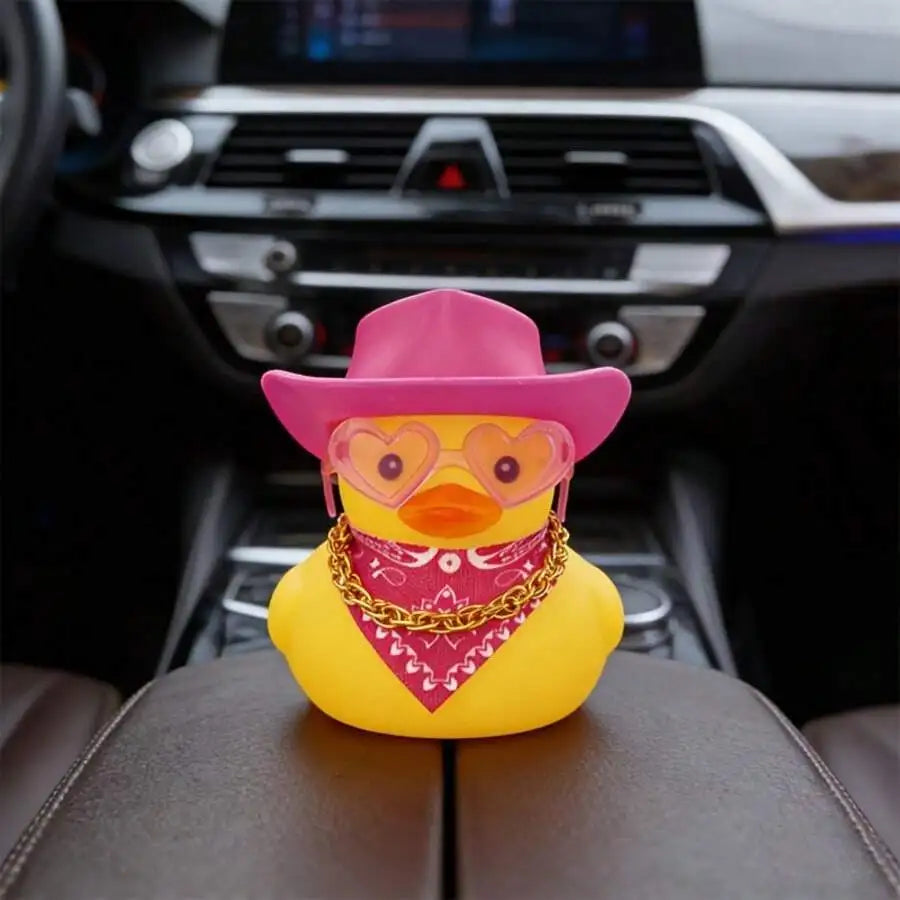 1pc Denim Duck Car Dashboard Decor - Cute Duck Wearing Hat, Sunglasses & Necklace, Non-Slip Adhesive Mat For Cars & Trucks