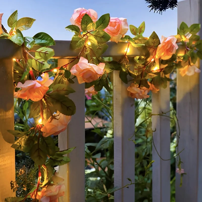 5M 50LED Rose Vine String Lights Solar Powered Artificial Flower Fairy Light for Garden Patio Bedroom Wedding Christmas Decor