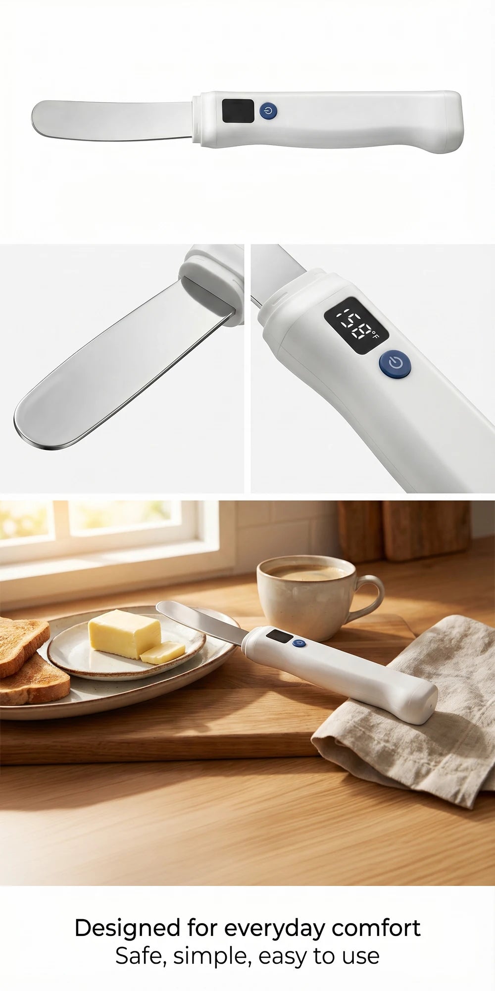 USB Rechargeable Heated Butter Knife – Electric Spreader for Cold Butter, Cheese & Chocolate, LED Display, CE Certified