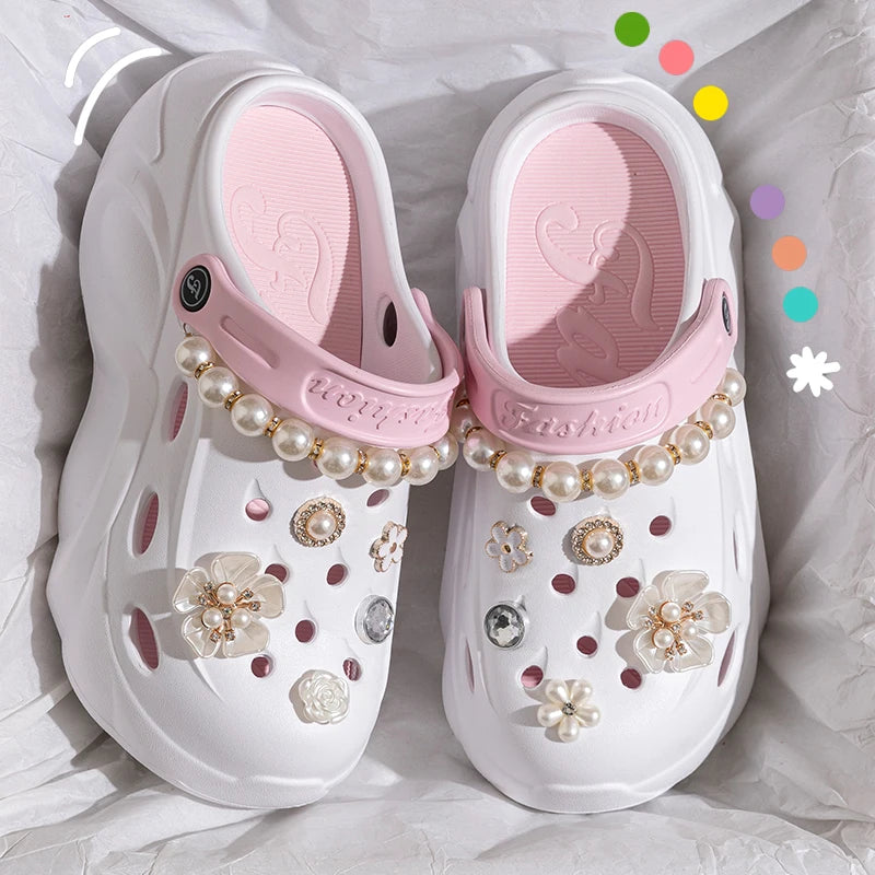Luxury DIY Pearl Chain Non Slip Clogs Women Summer 2026 Comfort Platform Slip On Sandals EVA Thick Bottom Outdoor Slippers Shoes