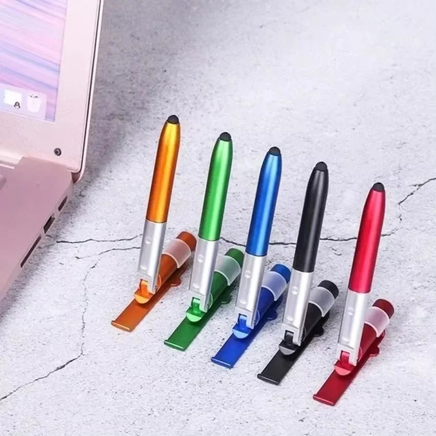 Multifunction 4-in-1 Foldable Ballpoint Pen Stylus (Flashlight + Support) for Tablet Cellphone