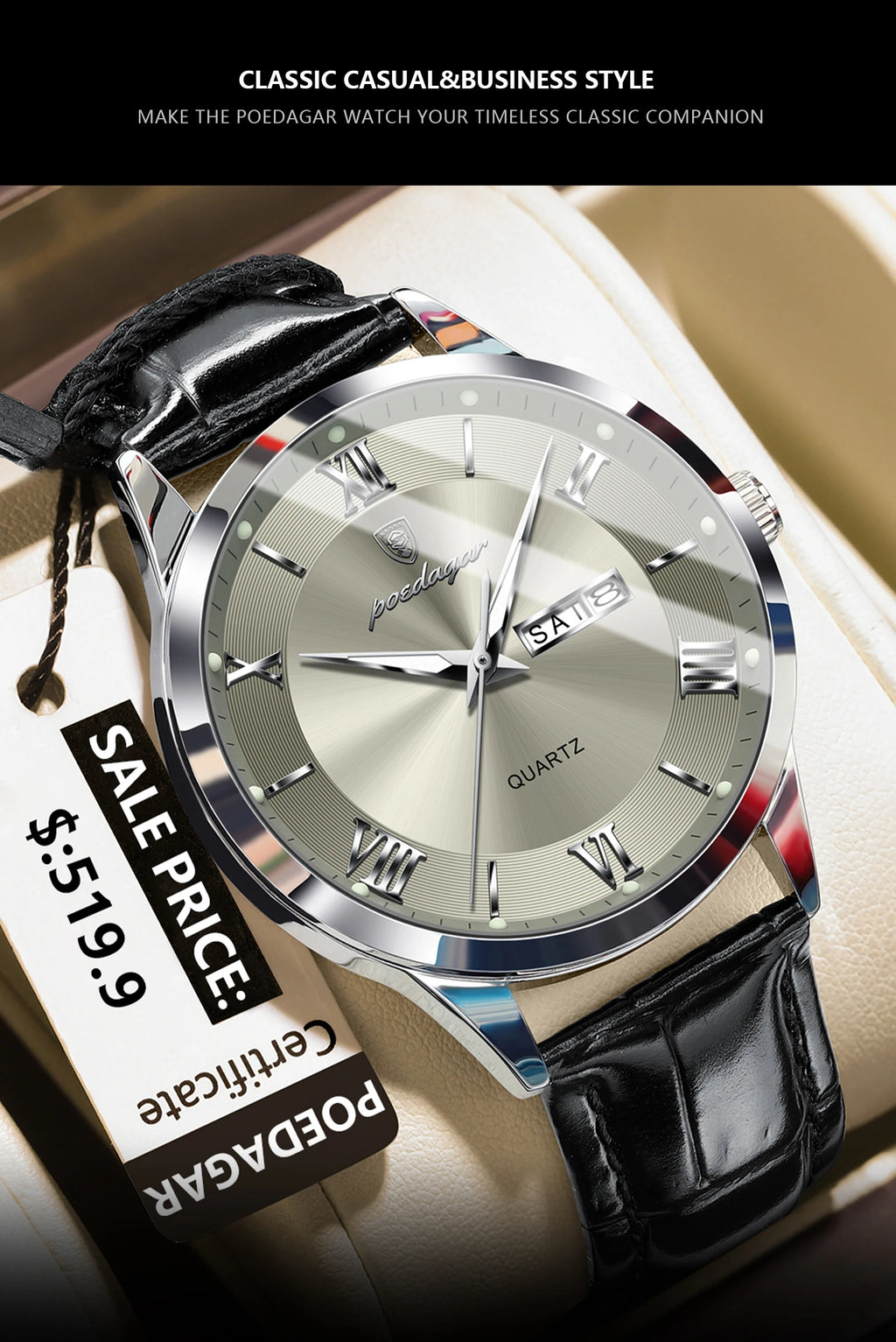 POEDAGAR 978-D Men’s Day-Date Dress Watch