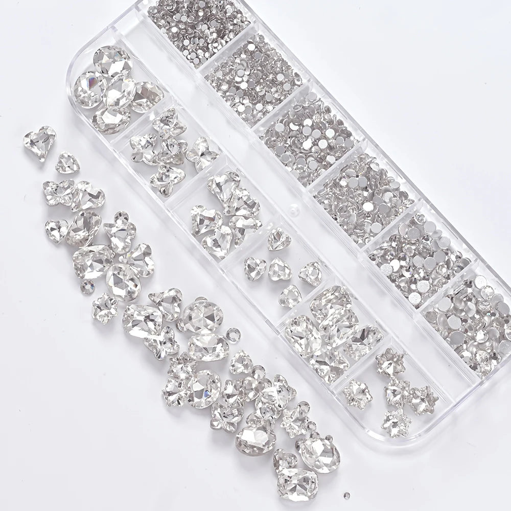 Mixed-Shape Nail Art Rhinestones – 12-Compartment Box