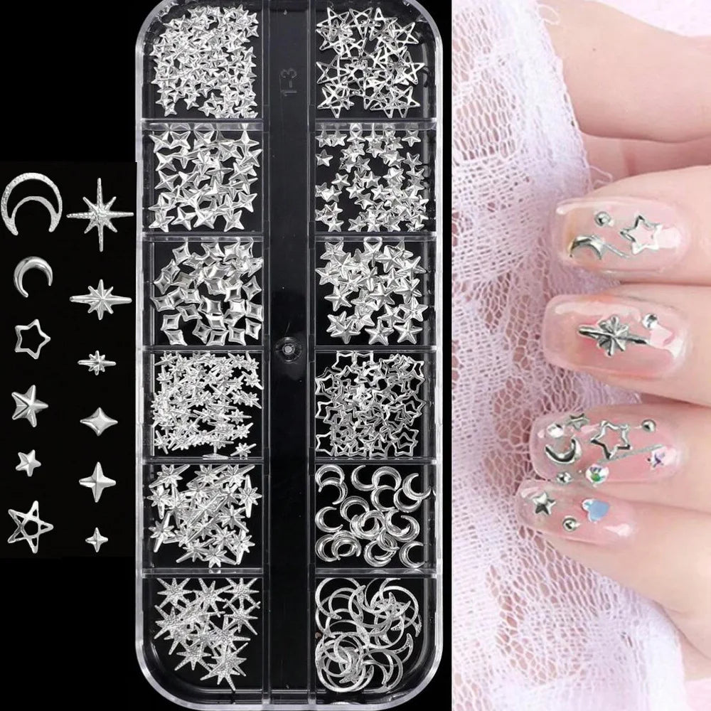 12Grids 3D Silver Heart Bow Butterfly Nail Charms Y2K Metallic Star Moon Nail Rivet Studs DIYValentine's Day Manicure Decoration
