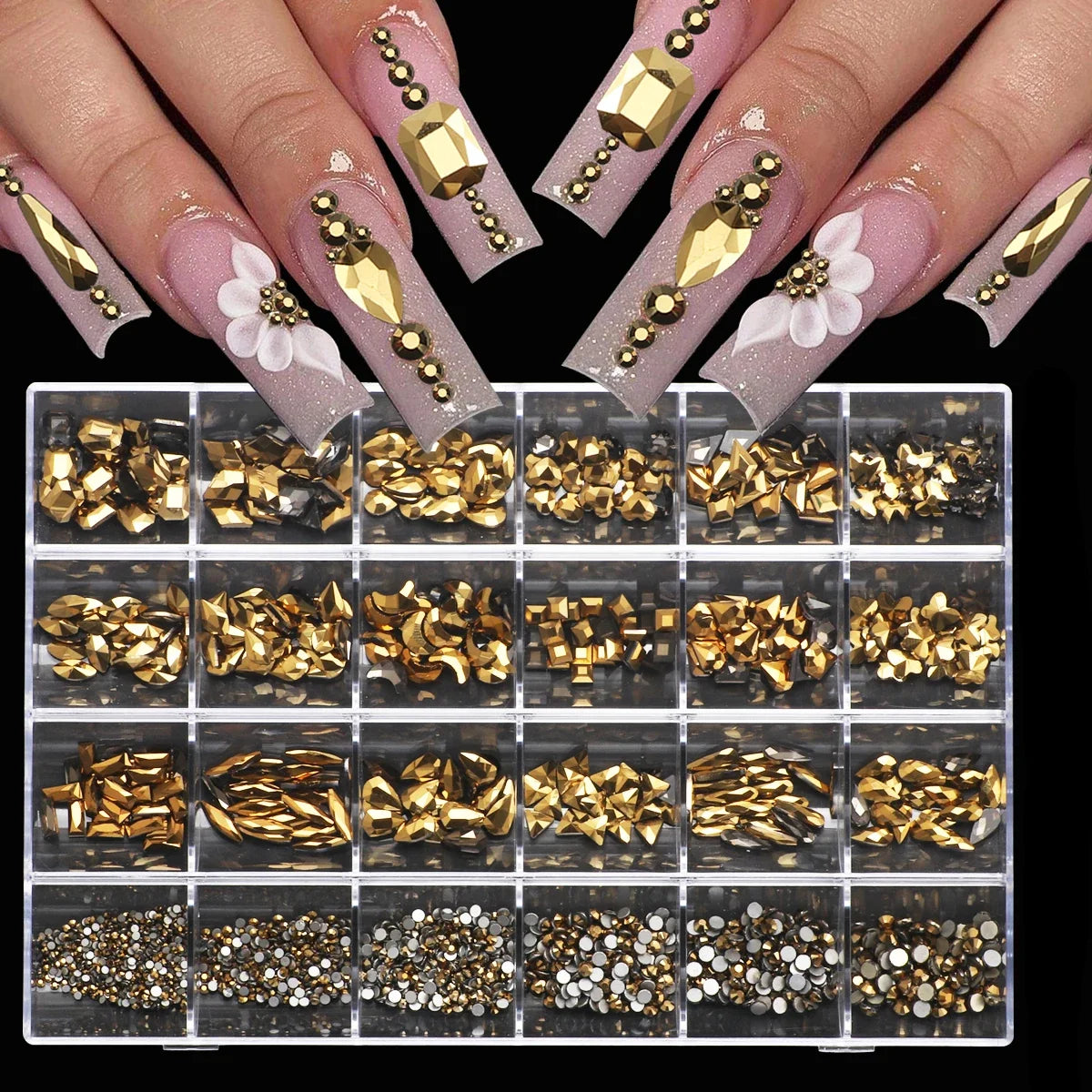 1 Box of Multi -Shaped 3D Nail Diamond Kits -24 AB Crystal Gem Grids, Flat -Bottom Nail Art Accessories Multi -Style Nail Suppli