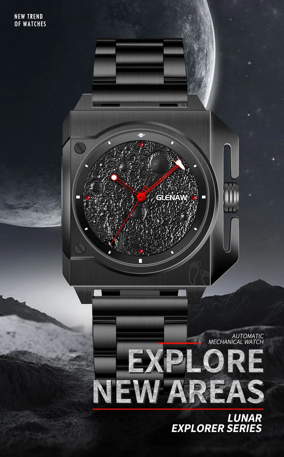 GLENAW GL8655 Men’s Automatic Watch with Moon-Texture Dial