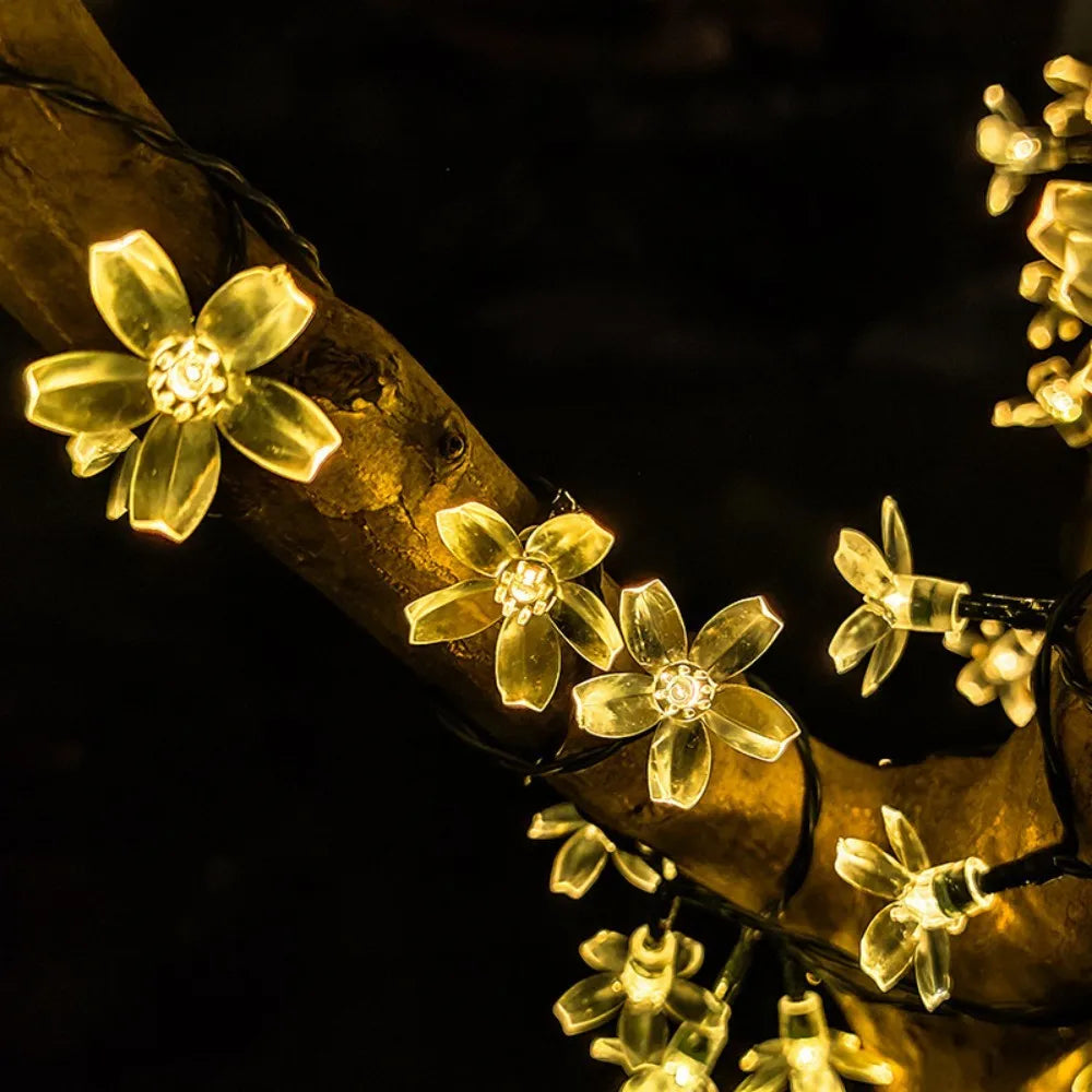 Solar Cherry Blossom Outdoor String Lights, Floral LED Fairy Lights for Yard Tree, Balcony, Backyard Landscape Festival Decor