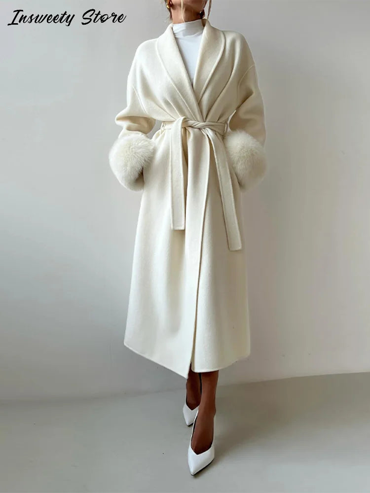 Elegant Solid Long Overcoat Women Turn-down Collar Lace Up Full Sleeve Classic Warm Coat 2025 New Lady Autumn Winter Casual Wear