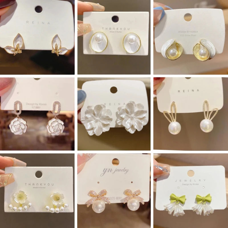 Pure White Women's Dangle Earrings Blooming Flower Acrylic Enamel Butterfly Imitation Pearl Heart Hanging Earrings Elegant Brinc