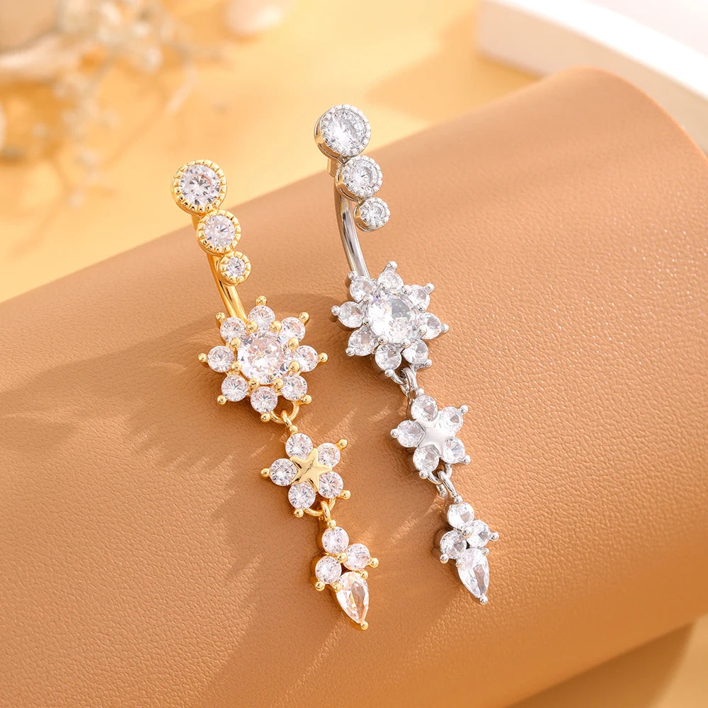 Long Dangled Flower Crystals Belly Button Rings Sexy Curved Navel Piercing for Women Girls 5 Zircons Belly body Jewelry 1 Piece