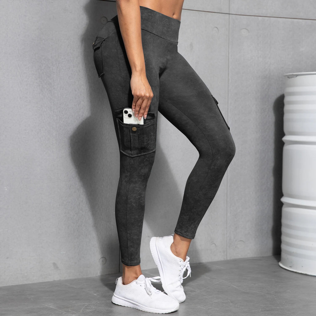 Women High Waist Yoga Gym Cargo Pocket Pant Fashion Tummy Control Athletic Pants Skinny Stretch Streetwear Sport Leggings