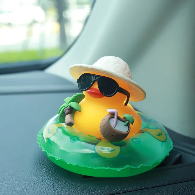 Cute Summer Beach Duck Car Ornament, Sunglasses Rubber Duck with Swim Ring, Dashboard Decor for Car Interior & Holiday Gifts