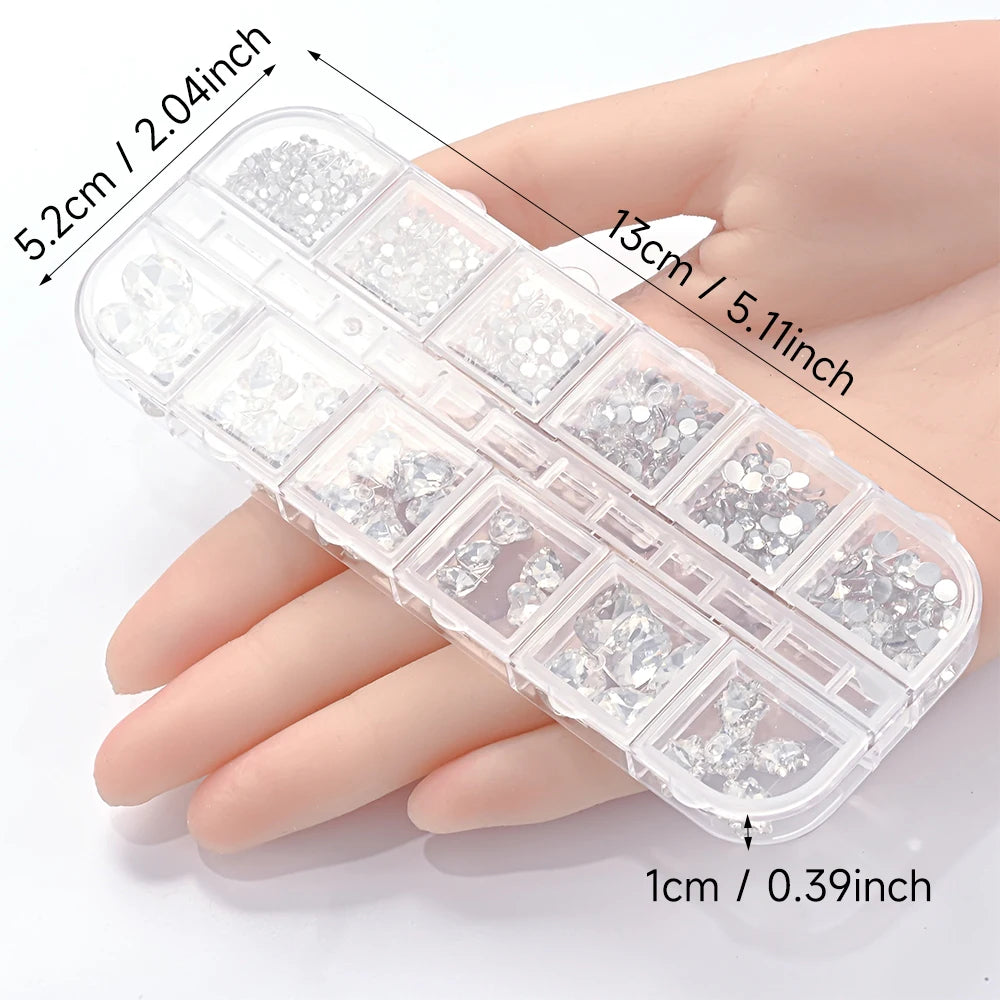 Mixed-Shape Nail Art Rhinestones – 12-Compartment Box