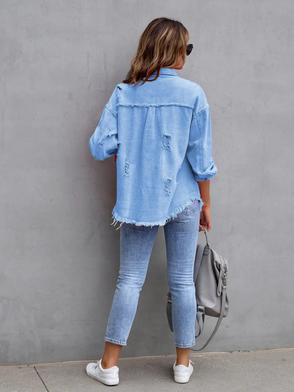 Women’s Distressed Button-Front Denim Jacket