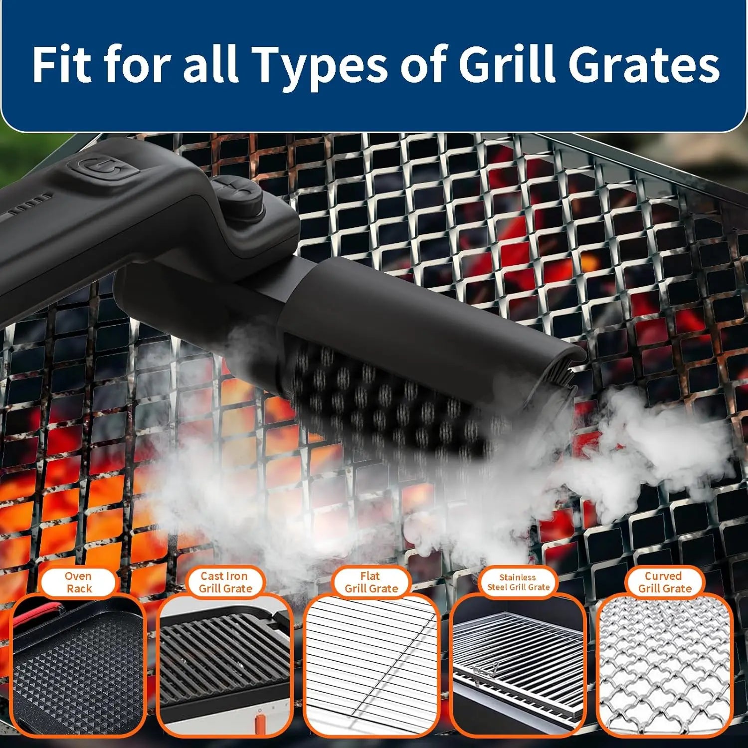 Built-in 4000mAh rechargeable battery with 3 adjustable speed modes. The rotating cleaning head delivers powerful scrubbing force to remove burnt grease, charred residue and food debris on grills without strenuous manual brus