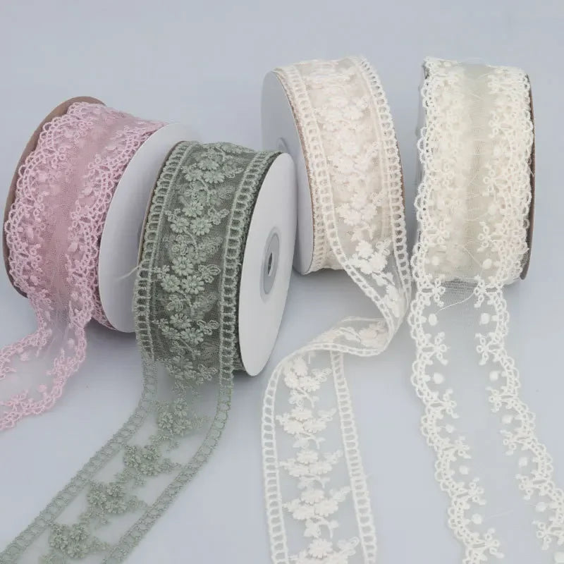 Embroidered Floral Lace Ribbon – Sheer Craft Trim, 35 in