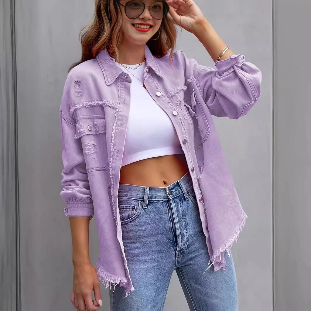 Women’s Distressed Button-Front Denim Jacket