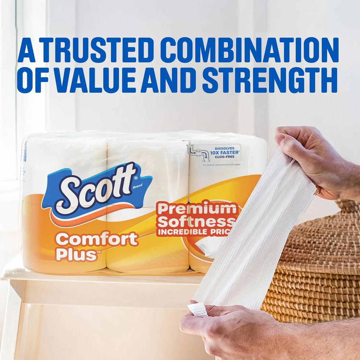 ComfortPlus 1-Ply Toilet Paper – 12 Triple Rolls = 36 Regular Rolls, 231 Sheets, Rapid-Dissolving, Septic-Safe