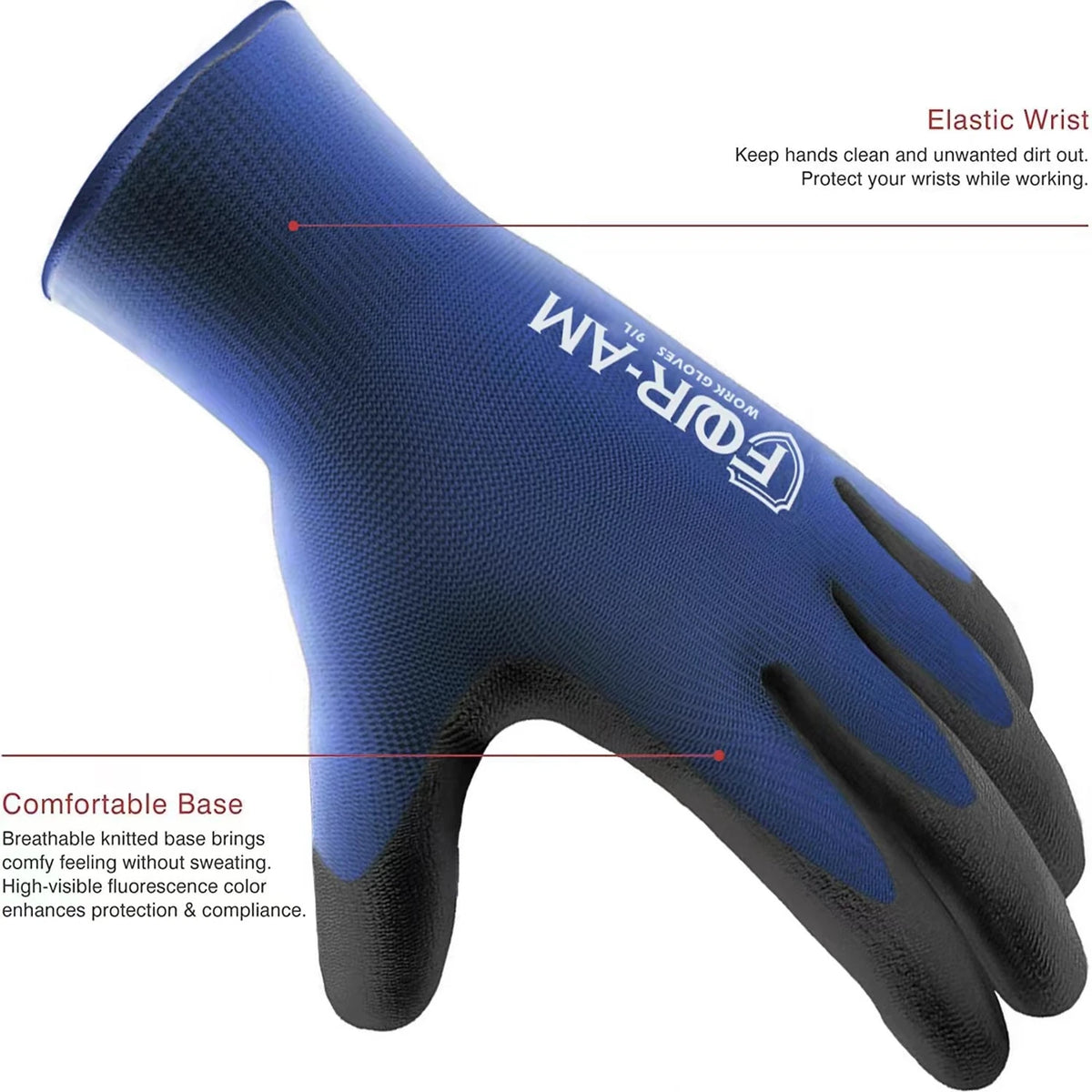 PU-Coated Knit Work Gloves – Blue & Black, 3 Pairs