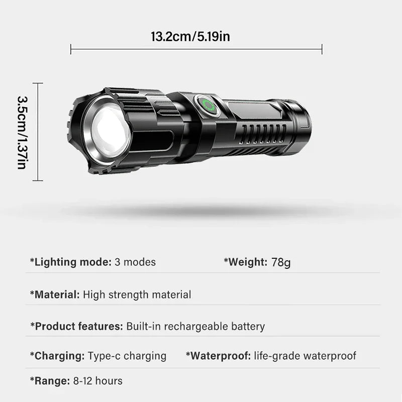 Powerful LED Flashlight USB C Rechargeable Zoomable Searchlight 3 Modes Handheld Flashlight for Outdoor Camping Hunting Torch