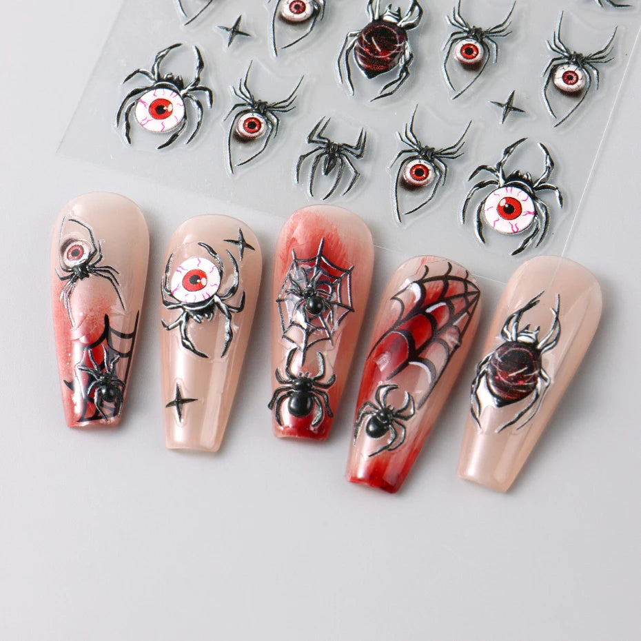 2pcs 3D Spider Stickers Nail Decals Halloween Black Spider Eye Nail Art Decorations 5D Embossed Adhesive Sliders Design Manicure