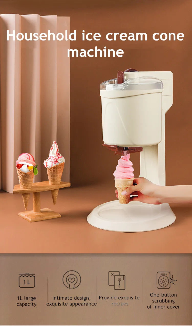 Mini Soft Ice Cream Machine – 1L Home Ice Cream Maker, Simple One-Button Operation, Makes ~8 Cones, CE Certified