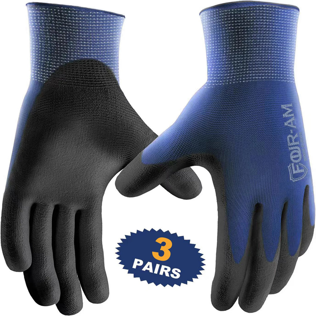 PU-Coated Knit Work Gloves – Blue & Black, 3 Pairs