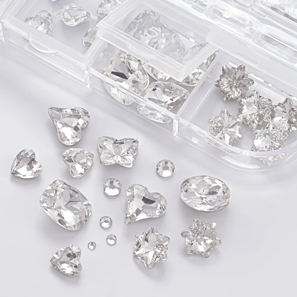 Mixed-Shape Nail Art Rhinestones – 12-Compartment Box