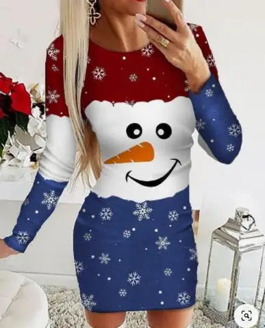 Women's Christmas Mini Dress – Snowflake & Elk Print, Long Sleeve, Skinny A-Line O-Neck, Festive Casual Wear