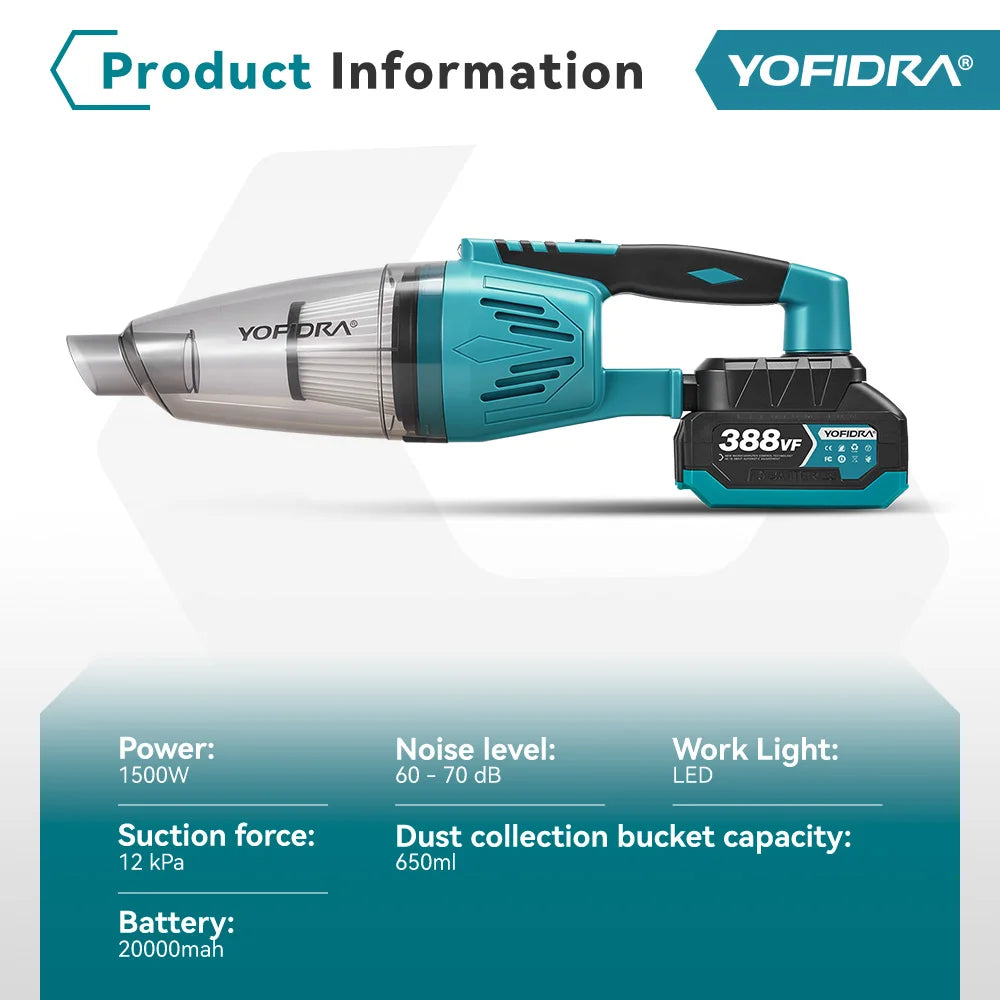 YOFIDRA 1500W 12KPA Electric Cordless Vacuum Cleaner Portable 2IN1 Household Car Cleaning Power Tool For Makita 18V Battery Pin