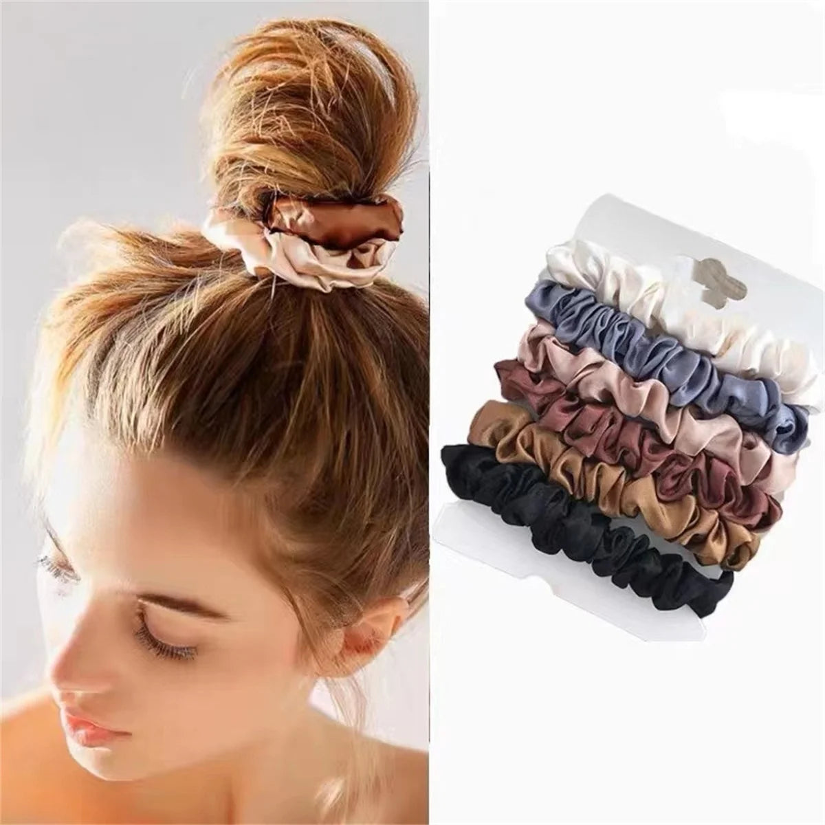 Satin-Finish Hair Scrunchies – 6-Piece Neutral Set