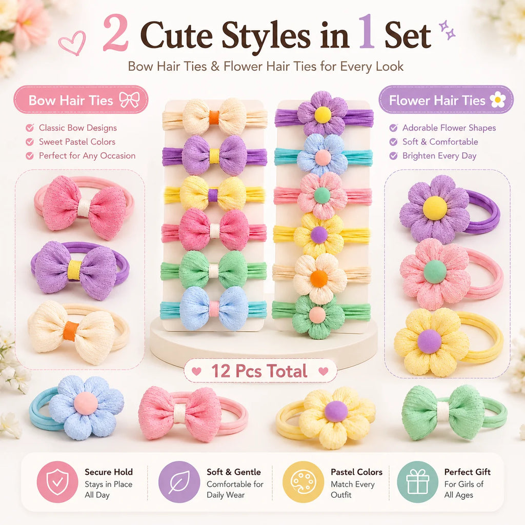 12PCS New Cut Hair Ties Princess Sweet Flower Bow Girls Women Elastic Hair Bands Hair Accessories Headwear Scrunchies 2030