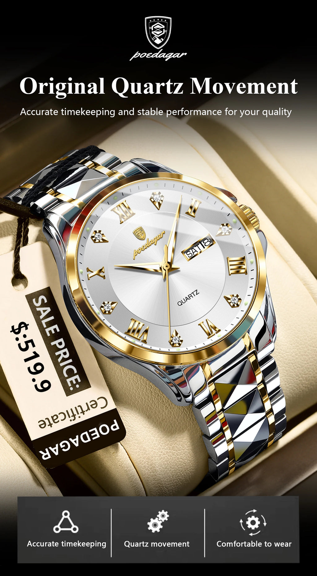 POEDAGAR 883 Men’s Day-Date Quartz Watch