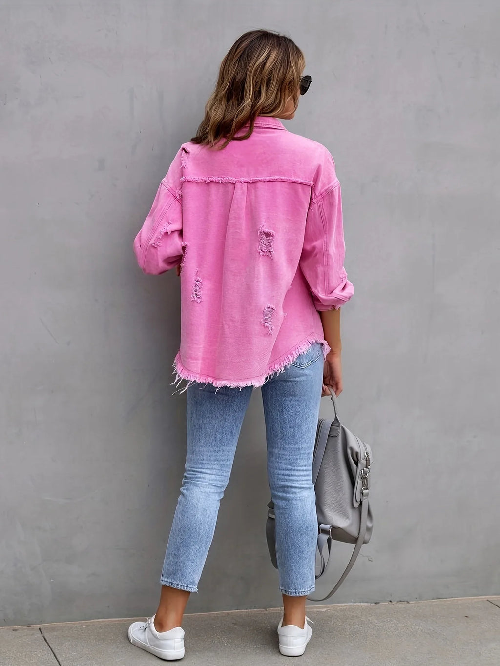 Women’s Distressed Button-Front Denim Jacket
