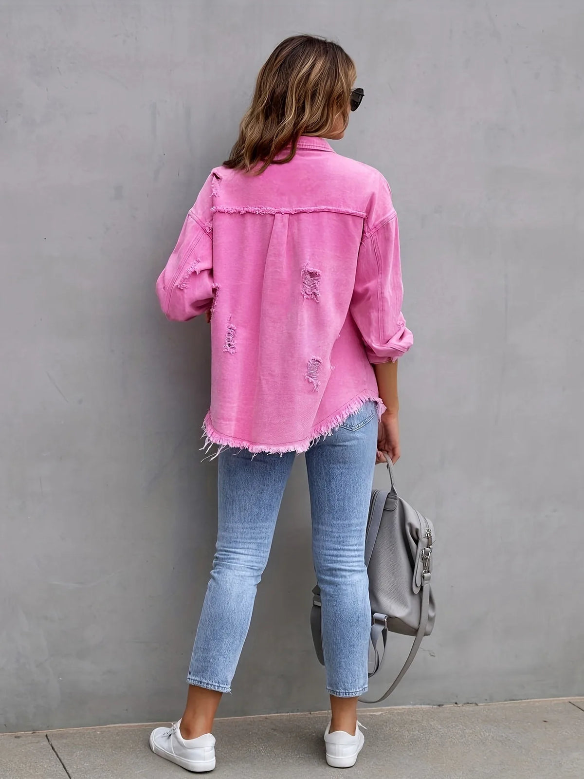 Women’s Distressed Button-Front Denim Jacket