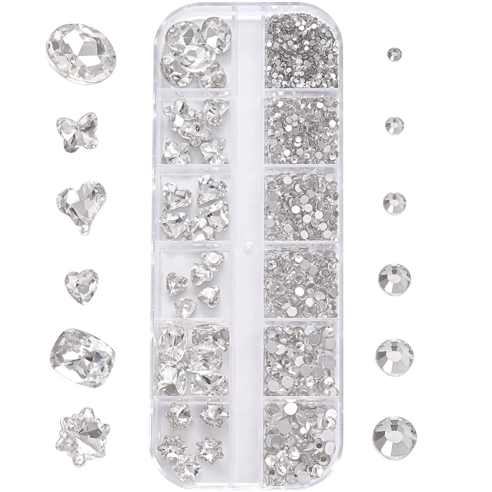 Mixed-Shape Nail Art Rhinestones – 12-Compartment Box