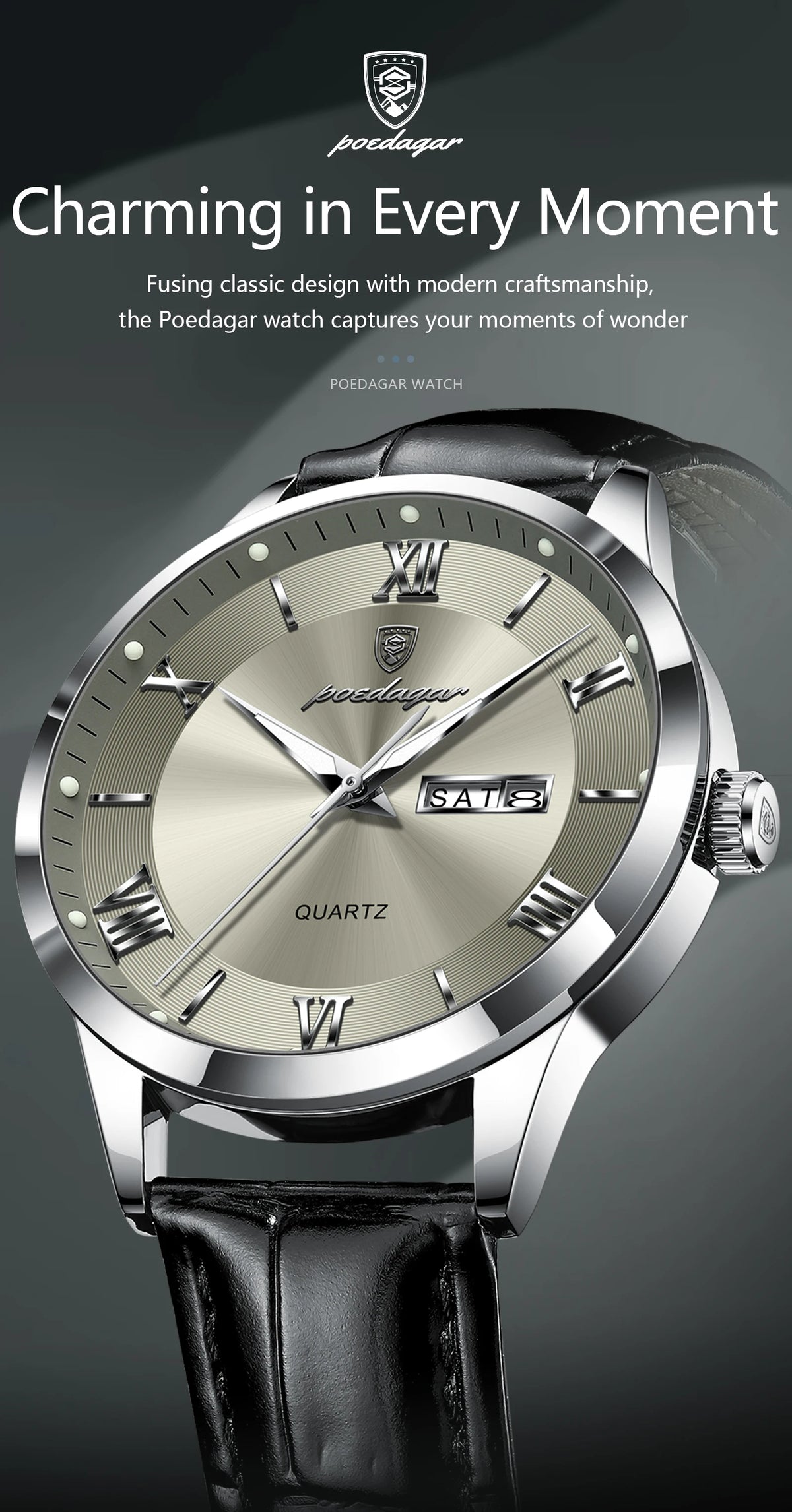 POEDAGAR 978-D Men’s Day-Date Dress Watch