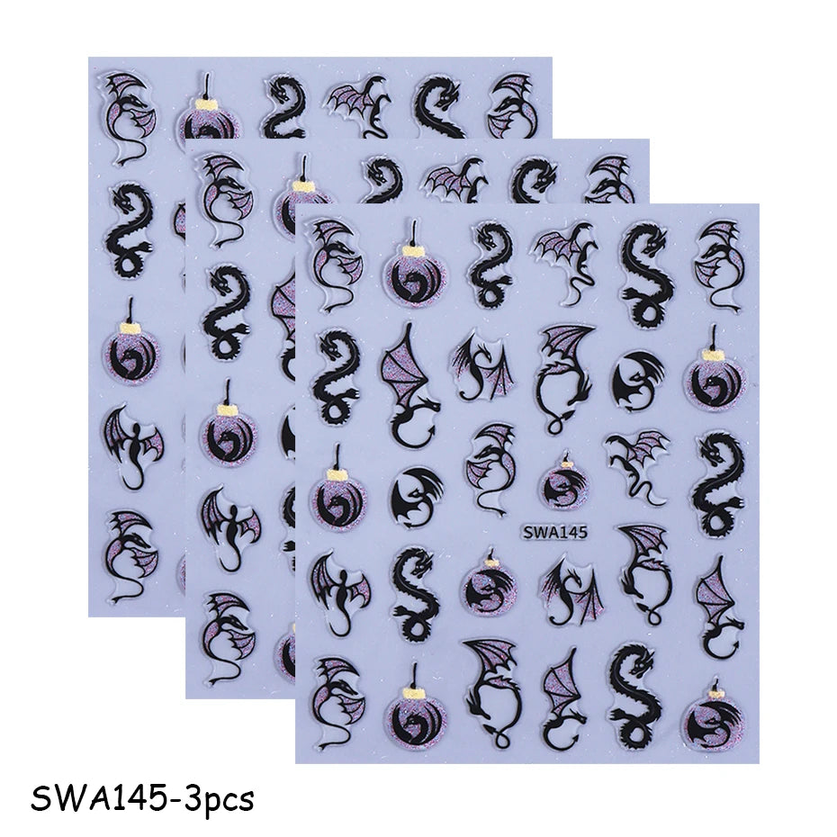 3/4pcs Metallic Dragon Nail Stickers Evil Bat Flying Dragon Designs Self-Adhesive Nail Decals Y2K Halloween Manicure Decoration