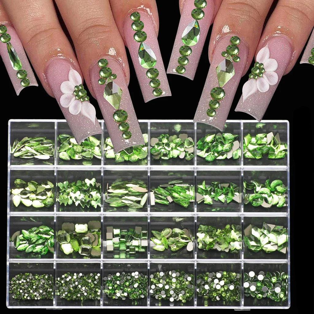 1 Box of Multi -Shaped 3D Nail Diamond Kits -24 AB Crystal Gem Grids, Flat -Bottom Nail Art Accessories Multi -Style Nail Suppli