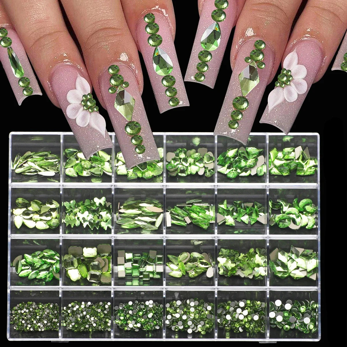 1 Box of Multi -Shaped 3D Nail Diamond Kits -24 AB Crystal Gem Grids, Flat -Bottom Nail Art Accessories Multi -Style Nail Suppli