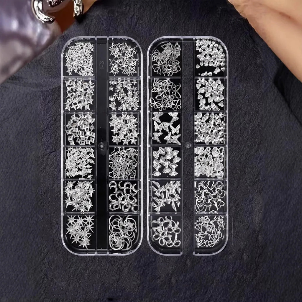 12Grids 3D Silver Heart Bow Butterfly Nail Charms Y2K Metallic Star Moon Nail Rivet Studs DIYValentine's Day Manicure Decoration