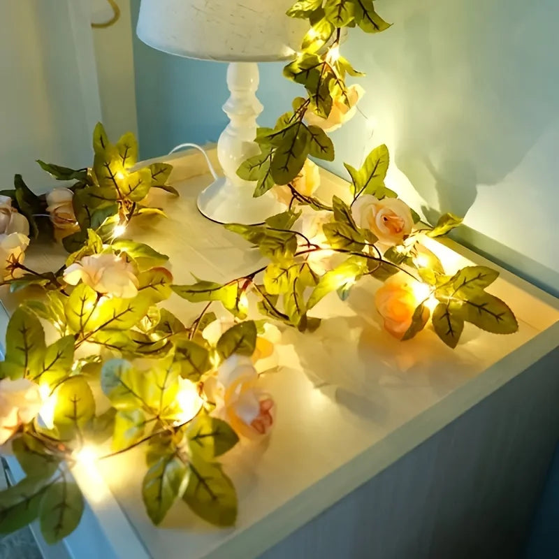 5M 50LED Rose Vine String Lights Solar Powered Artificial Flower Fairy Light for Garden Patio Bedroom Wedding Christmas Decor