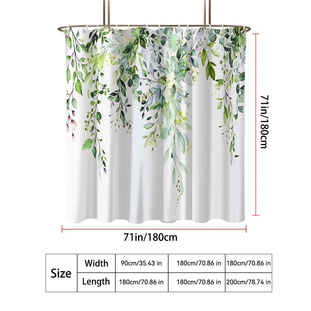 1 Piece Small Fresh Eucalyptus Leaves Digitally Printed Bathroom Shower Curtain Set Perforated Strap Hook Easy to Clean