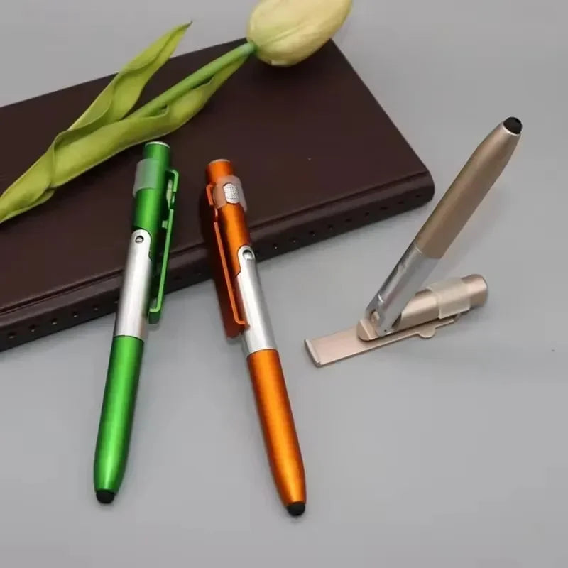 Multifunction 4-in-1 Foldable Ballpoint Pen Stylus (Flashlight + Support) for Tablet Cellphone