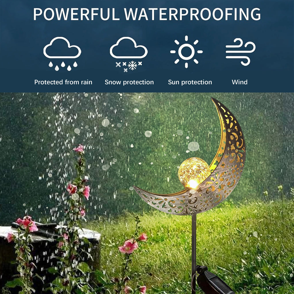 Solar Garden Lights Outdoor Decor,Moon Fairy Crackle Glass Lights,Warm White LED Metal Stake Ornament,Unique Gift for Gardening