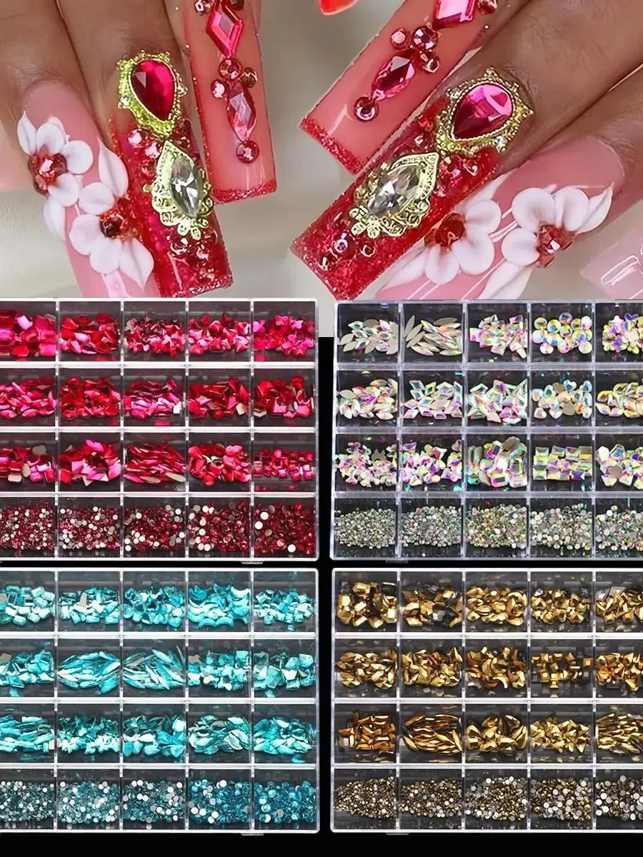 1 Box of Multi -Shaped 3D Nail Diamond Kits -24 AB Crystal Gem Grids, Flat -Bottom Nail Art Accessories Multi -Style Nail Suppli
